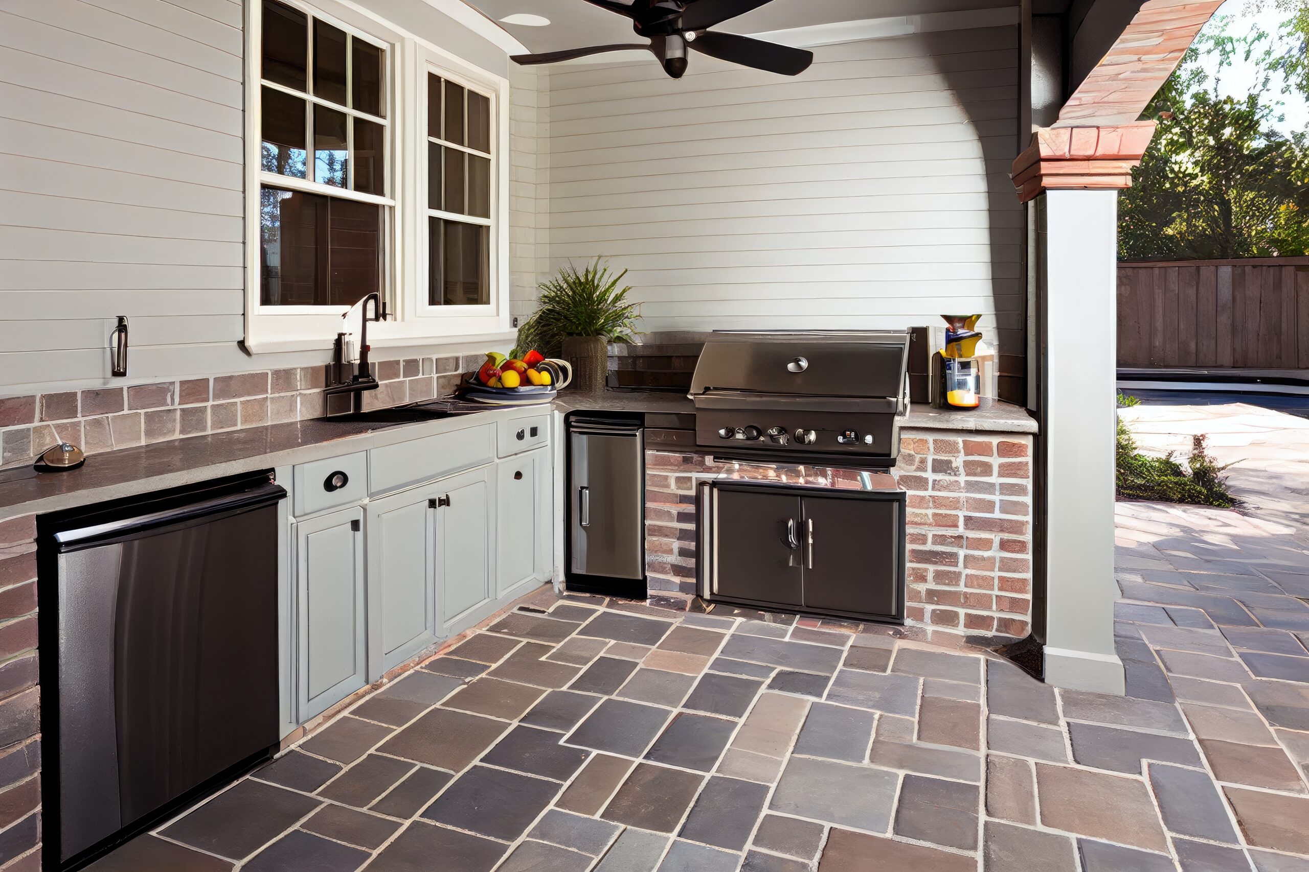 Outdoor kitchen with stylish and durable pavers installed by Jax Teller Brick Pavers.