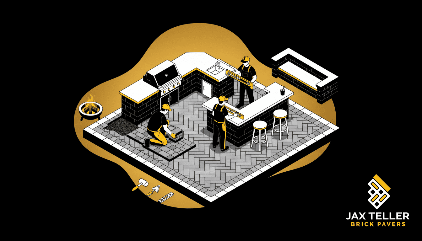 Cinematic isometric digital illustration 16x9 1920x1080 modern flat corporate style — clean vector-look rendering Dark background using deep black #000000 as base layer Warm golden glow blob shape behind the central scene as soft ambient light Central composition shows a premium residential backyard outdoor kitchen in Largo FL built on a paver surface — an L-shaped masonry kitchen structure with a built-in grill station on the left arm and a bar counter with two bar stools on the right arm, the entire kitchen zone floored in a herringbone brick paver pattern with a contrasting soldier course border around the kitchen structure base, a low paver seating wall visible in the right background and a small fire bowl feature in the far left corner Two illustrated workers in flat isometric style appear performing the main task — one kneeling laying pavers around the kitchen structure base and one standing checking the level of the counter support structure Workers rendered as clean minimal flat silhouettes WITHOUT facial features wearing dark clothing with golden yellow #FFC107 accent details on gear gloves and tools Golden yellow #FFC107 highlights the focal surface geometry key structural edges the kitchen counter top line and worker tool accents White #FFFFFF defines the paver surface units negative space structural lines and bar counter surface Black #000000 grounds the shadow layers depth contrast and kitchen structure masonry facade Three relevant construction tools appear as small flat props in the lower foreground corner — rubber mallet trowel and a spirit level Abstract warm golden glow gradient fills the background upper section Strong negative space in the upper left area for title overlay JaxTeller Brick Pavers logo placeholder in the lower right corner over dark area Isometric perspective consistent throughout the entire scene Premium agency level design generous contrast between golden accents and dark structural background Soft directional lighting from upper right