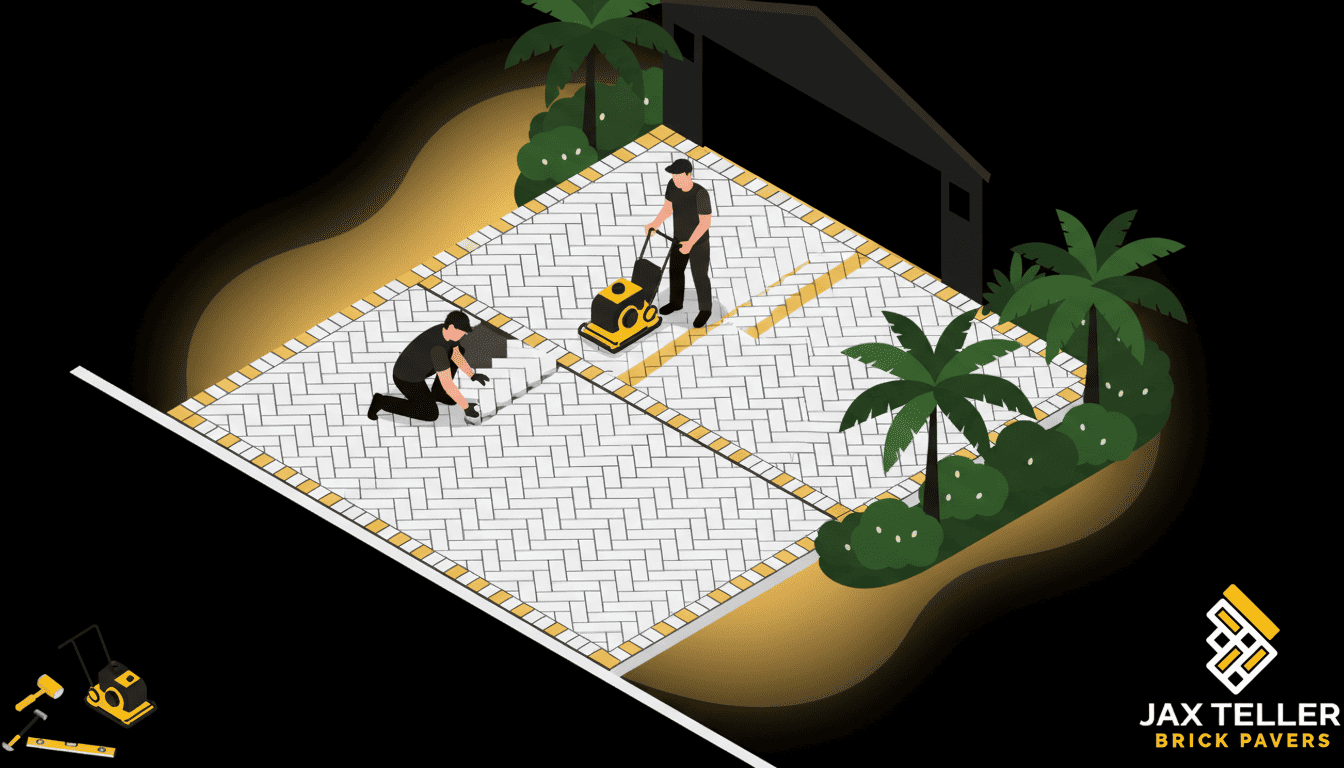 Paver driveway design Largo FL — herringbone brick paver driveway with border and inlay by JaxTeller Brick Pavers