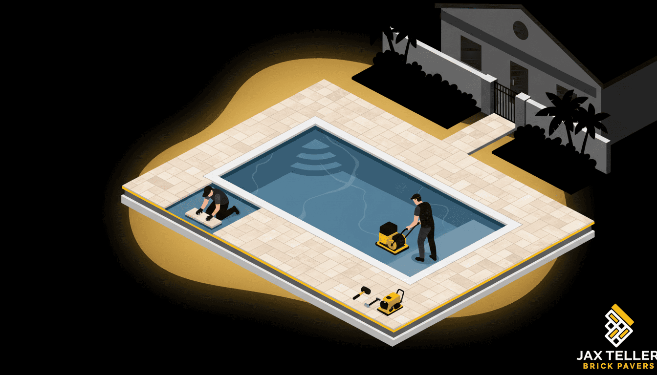 Pool deck paver installation Largo FL — travertine paver pool deck with coping and French pattern by JaxTeller Brick Pavers