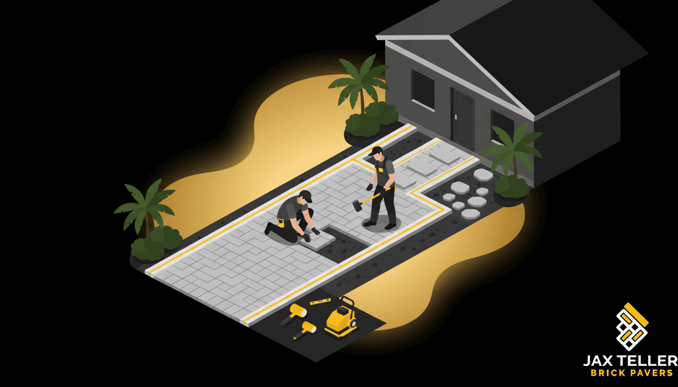 Paver walkway installation Largo FL — brick paver front entry walkway with soldier course border by JaxTeller Brick Pavers