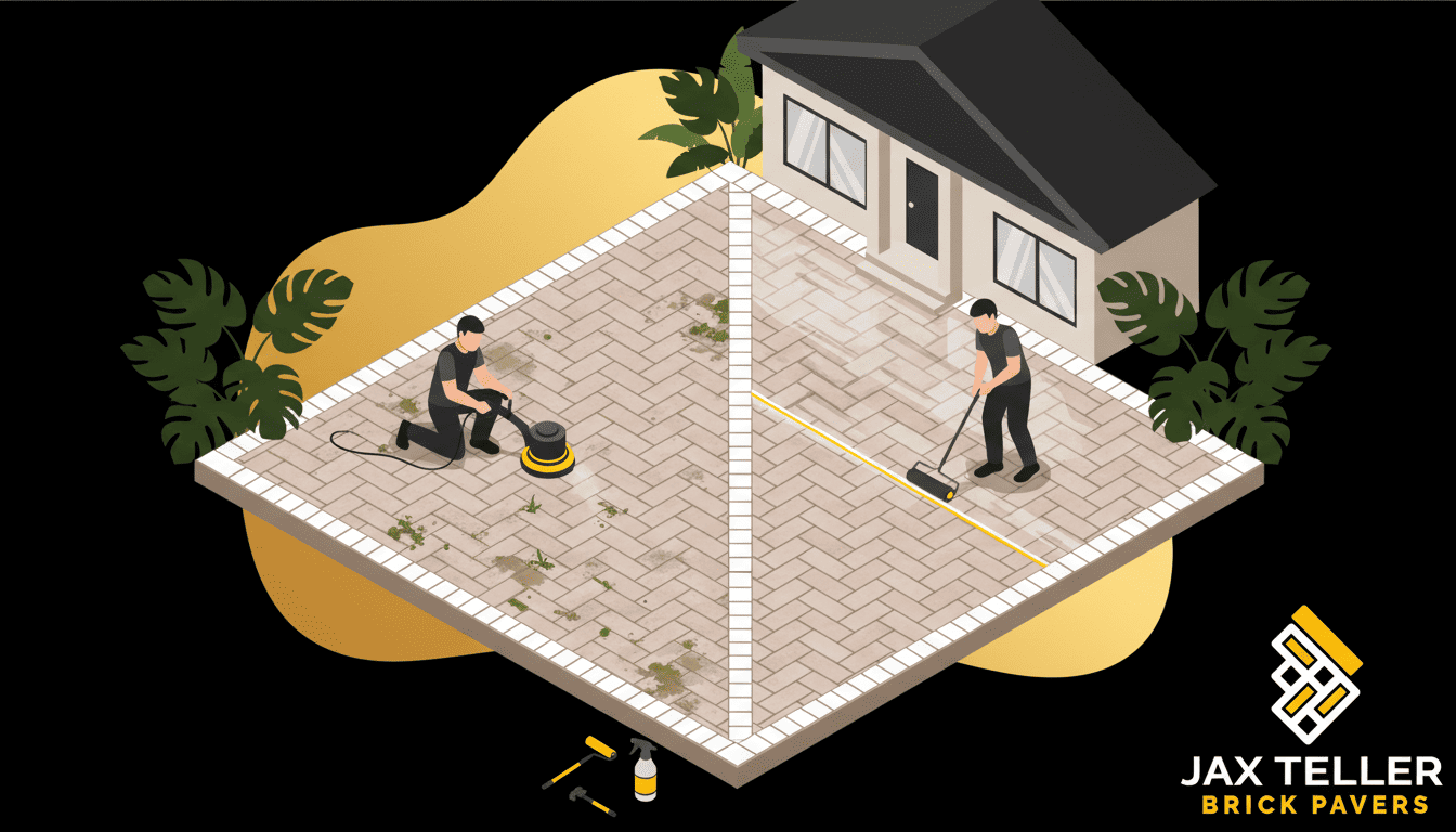 Pressure washing and sealing pavers in Largo FL — before and after brick paver driveway maintenance by JaxTeller Brick Pavers