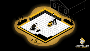 Paver patio installation Largo FL — French pattern travertine backyard patio with seating wall by JaxTeller Brick Pavers