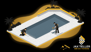 Pool deck paver installation Largo FL — travertine French pattern pool deck with coping and seating wall by JaxTeller Brick Pavers