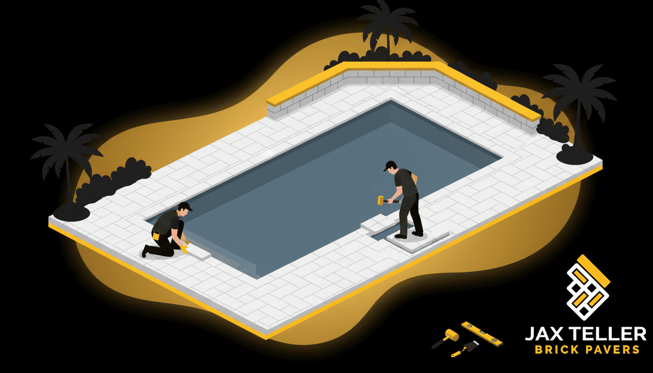 Pool deck paver installation Largo FL — travertine French pattern pool deck with coping and seating wall by JaxTeller Brick Pavers