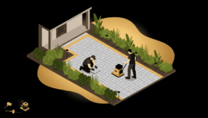 Paver walkway installation Largo FL — running bond brick paver front walkway with soldier course border and landscape lighting by JaxTeller Brick Pavers