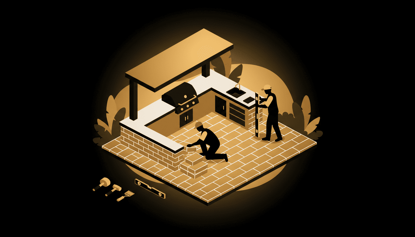 Outdoor kitchen pavers Largo FL — brick paver surface surrounding built-in grill station and countertop in Florida backyard