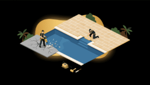 Pool deck resurfacing Largo FL — before and after showing cracked concrete removal and new travertine paver installation around residential pool