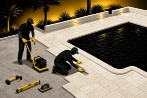 Travertine pool deck remodeling benefits shown on a renovated Florida concrete pool surround