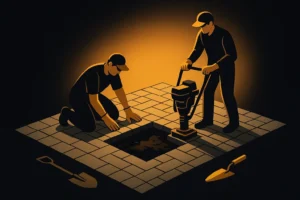 Sunken paver repair with base correction at a Florida patio low spot