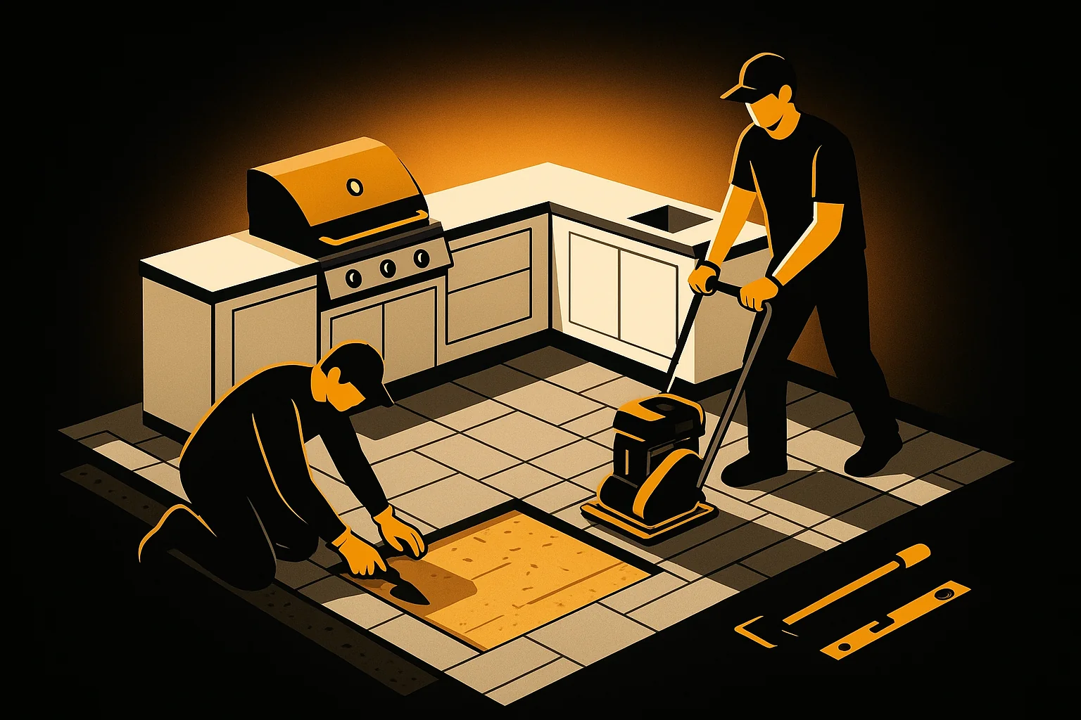 Outdoor kitchen paver base planning with utility sleeves and cabinet footprint