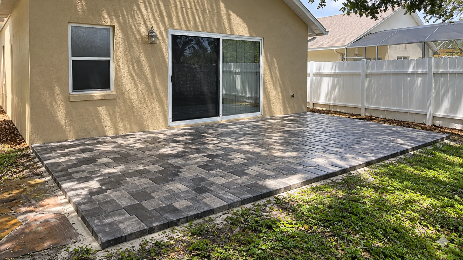 shaded patio pavers on a completed JaxTeller Brick Pavers project